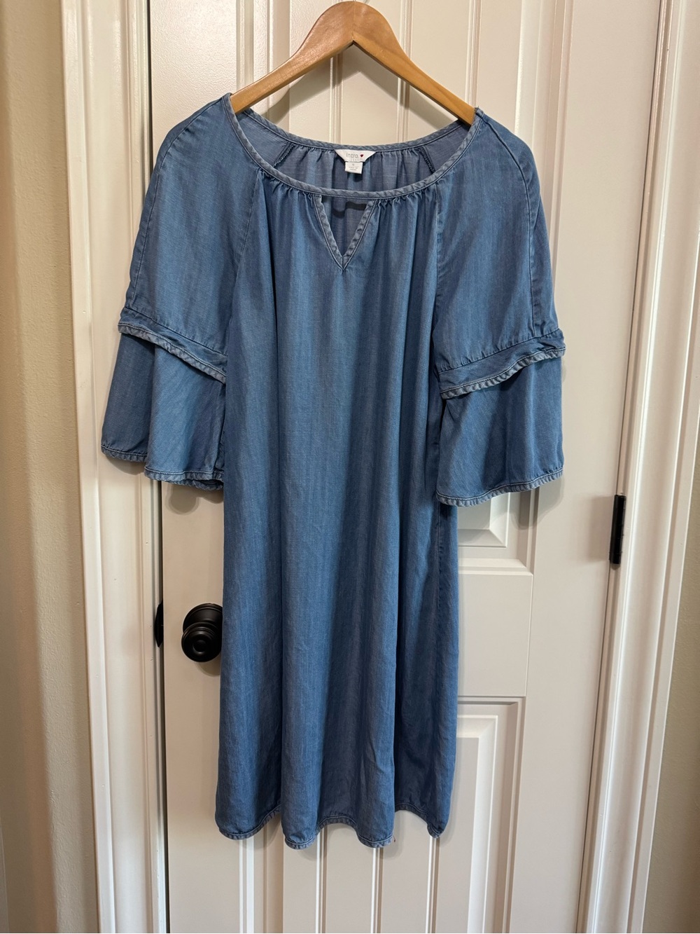 Intro Lyocell Denim Shift Dress Small Light Wash Chambray Boho Bell Sleeve S